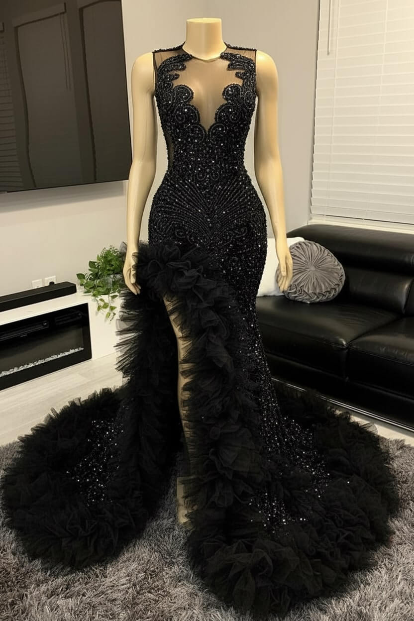 V-neck Prom Dress Orange Beaded Tulle Ruffles Sequin Formal Evening Party Dress