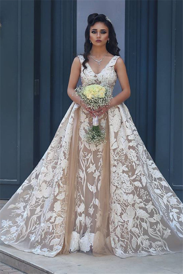 V-neck Sleeveless Lace Champagne Wedding Dresses  Detachable Overskirt Backless Bride Dress