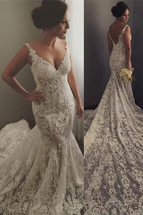 V-neck Sleeveless Mermaid Wedding Dresses  Sexy Lace Appliques Bridal Gown WE0196