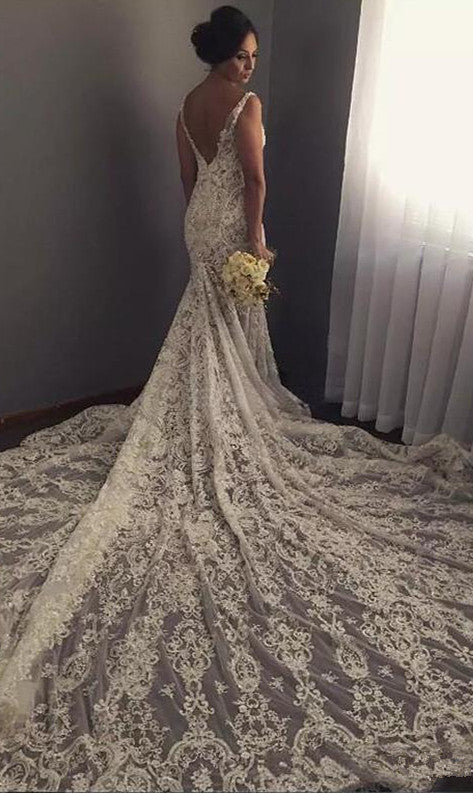 V-neck Sleeveless Mermaid Wedding Dresses  Sexy Lace Appliques Bridal Gown WE0196