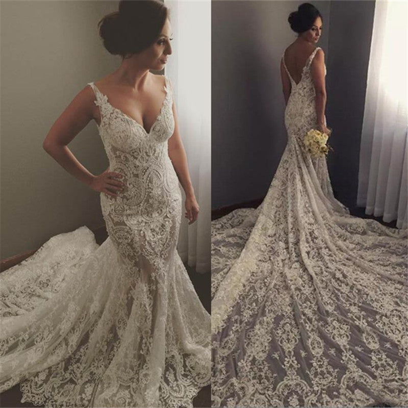 V-neck Sleeveless Mermaid Wedding Dresses  Sexy Lace Appliques Bridal Gown WE0196