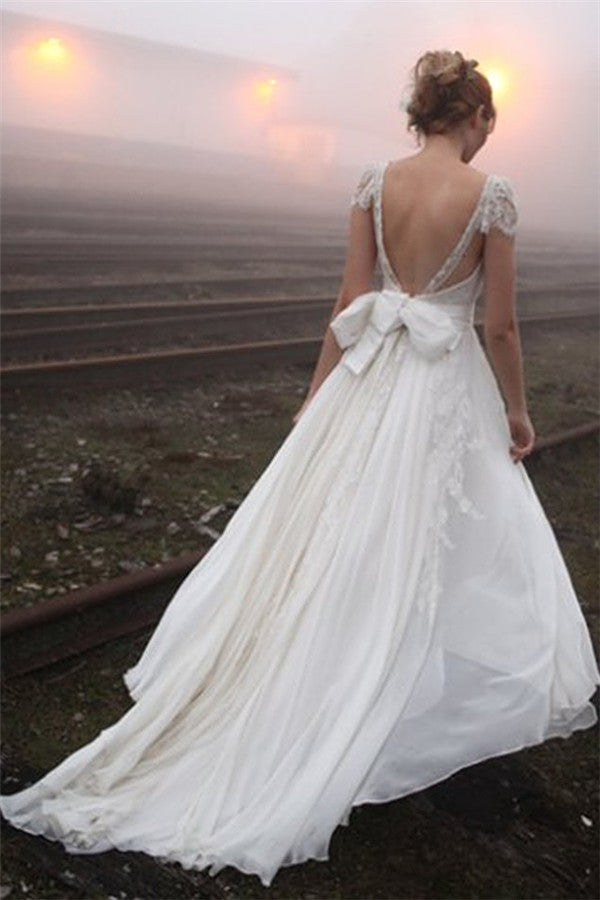 V-neck Summer Outdoor Beach Wedding Dress Lace Cap Sleeve Open Back Bridal Gowns
