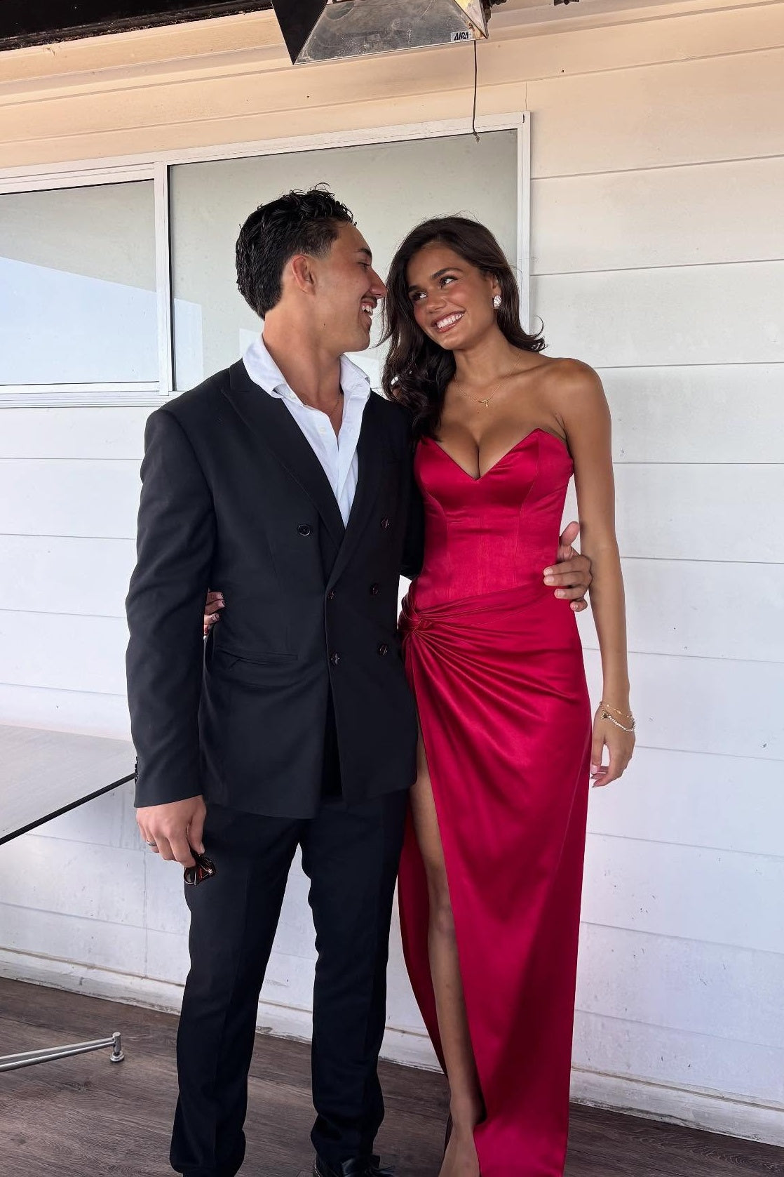 V-neck Red Twist Satin Long Dress with Slit