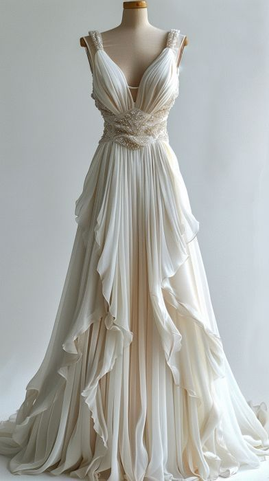 Ivory Beaded Chiffon A-line Evening Dress Long Party Prom Dress Wedding Dresses