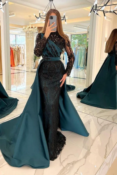 luxury lace embroidered prom dress sexy evening dresses with detachable tail Y4998