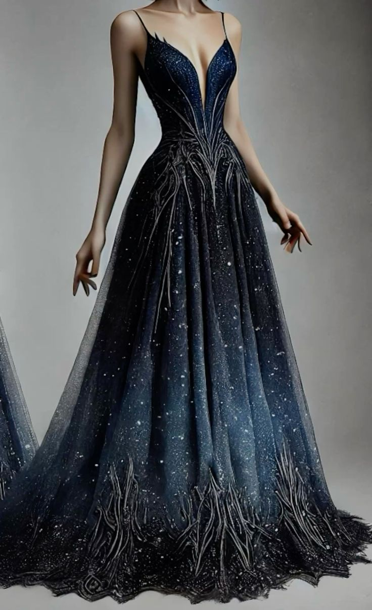 Unique Tulle Sequins Appliques Prom Dress,Navy Blue A Line Party Evening Gown - VelvetHem