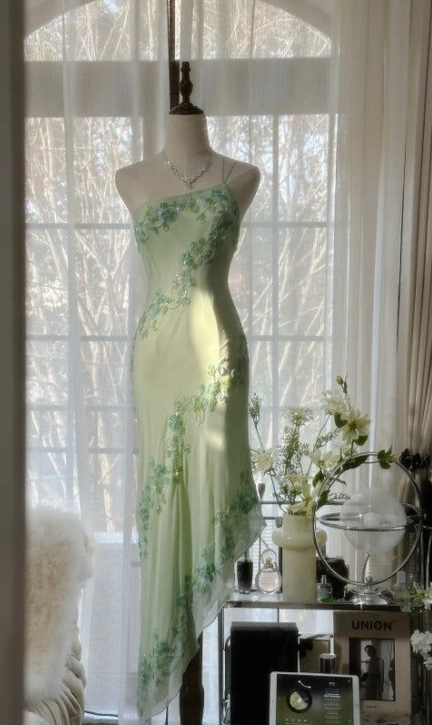 Glamorous Light green Chiffon Beaded Mermaid Evening Dress,One Shoulder Party Prom Dress - VelvetHem