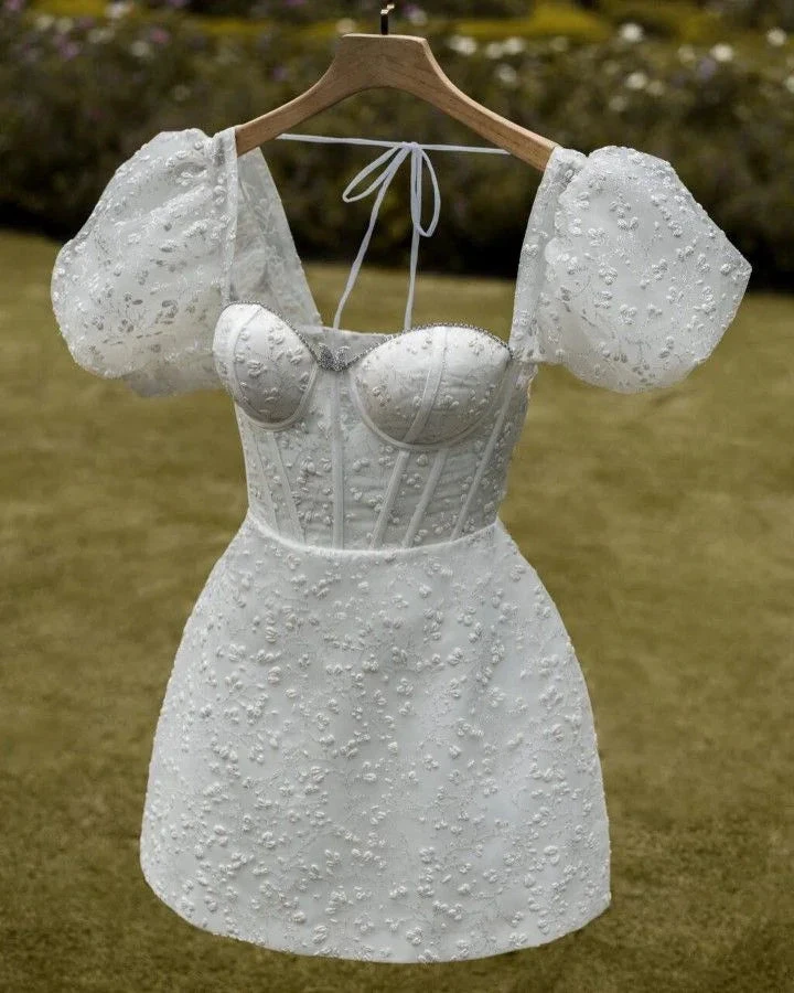 Retro White Homecoming Dress with Puff Sleeves (ZD12687)