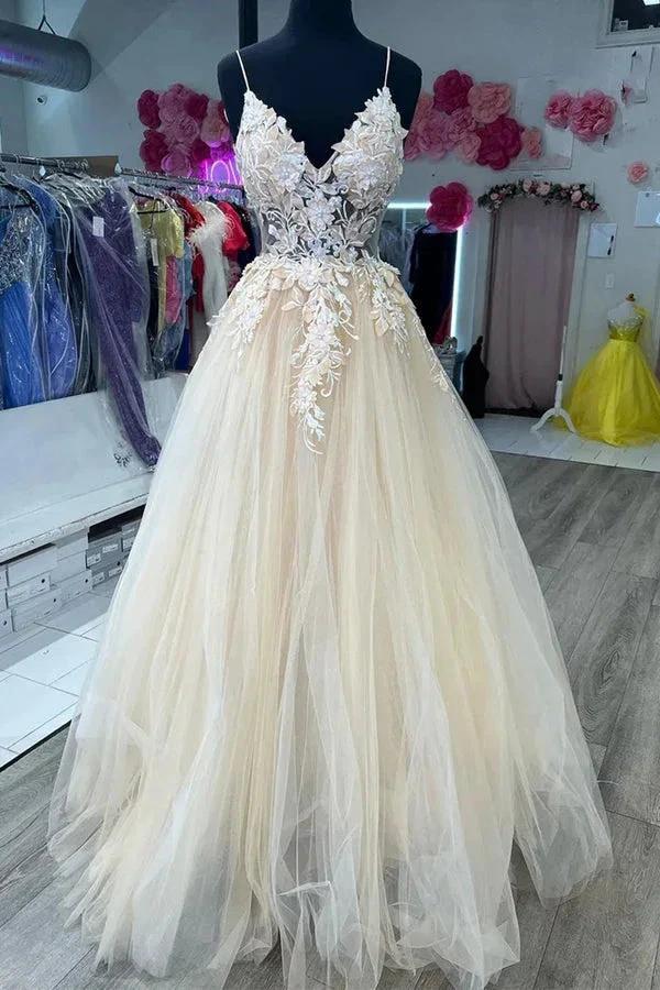 V Neck Champagne Tulle Lace Wedding Dresses Bridal Gown (ZD16119) - VelvetHem