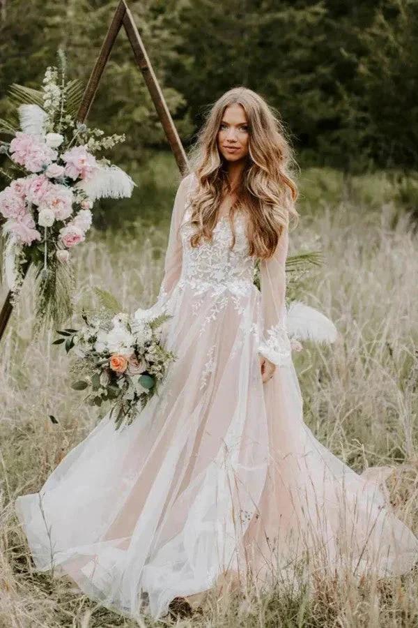 V Neck Long Sleeve Wedding Dress Rustic Wedding Gown (ZD16100) - VelvetHem