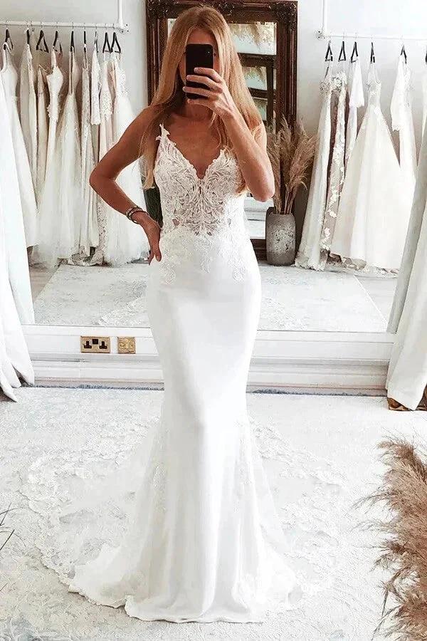 V Neck Mermaid Spaghetti Straps White Wedding Dress (ZD16089) - VelvetHem