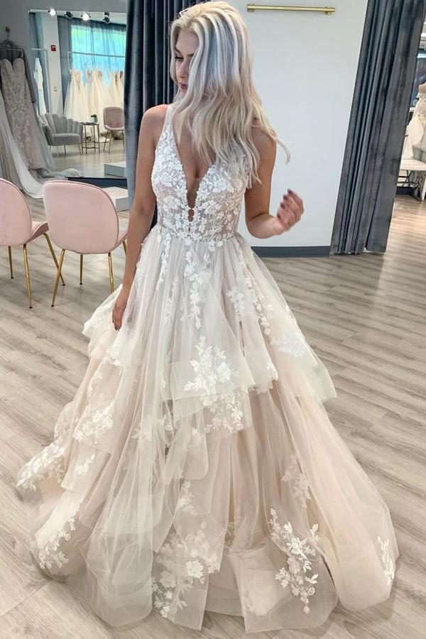 V Neckline Tired Tulle A-line Lace Wedding Dress Floor Length (ZD16357)