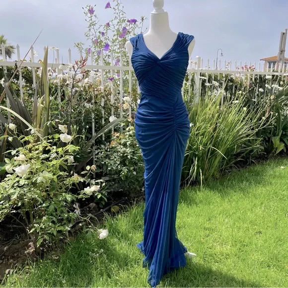 Vintage Mermaid Navy Blue Pleated Floor Length Party Dress Prom Dress - View 6 | VelvetHem