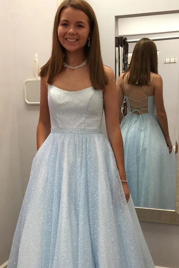 Sparkly Spaghetti Straps Blue Long Prom Dresses With Sequins - View 2 | VelvetHem
