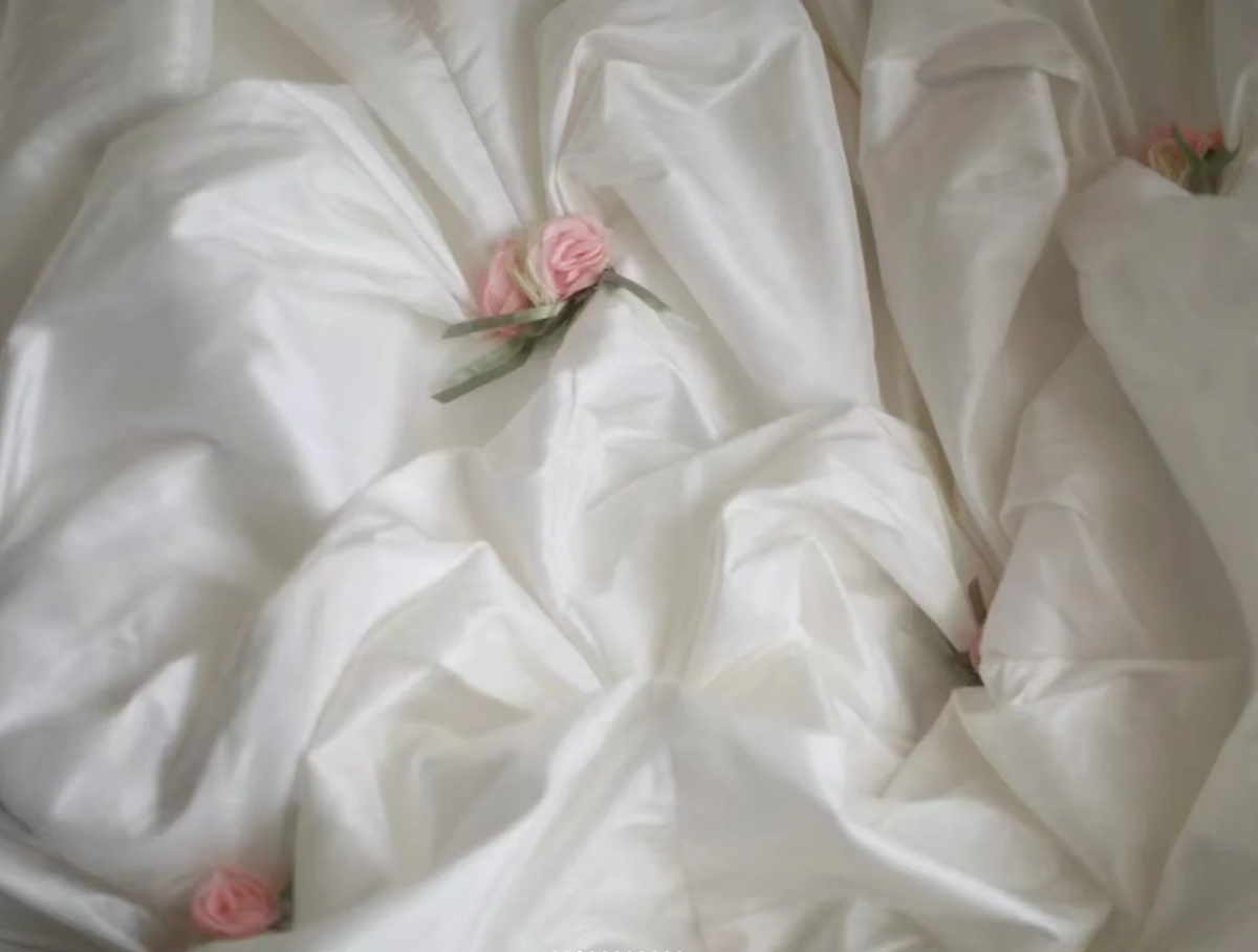 Elegant Strapless Ball Gown White Satin Pleated Floral Long Wedding Dress - View 9 | VelvetHem