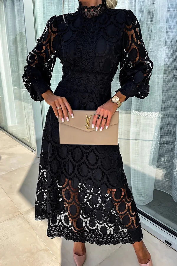 Irma Boutique Romantic, Sensual, and Midi Dress with Lantern Sleeves Made of Crochet Lace Designer Edit