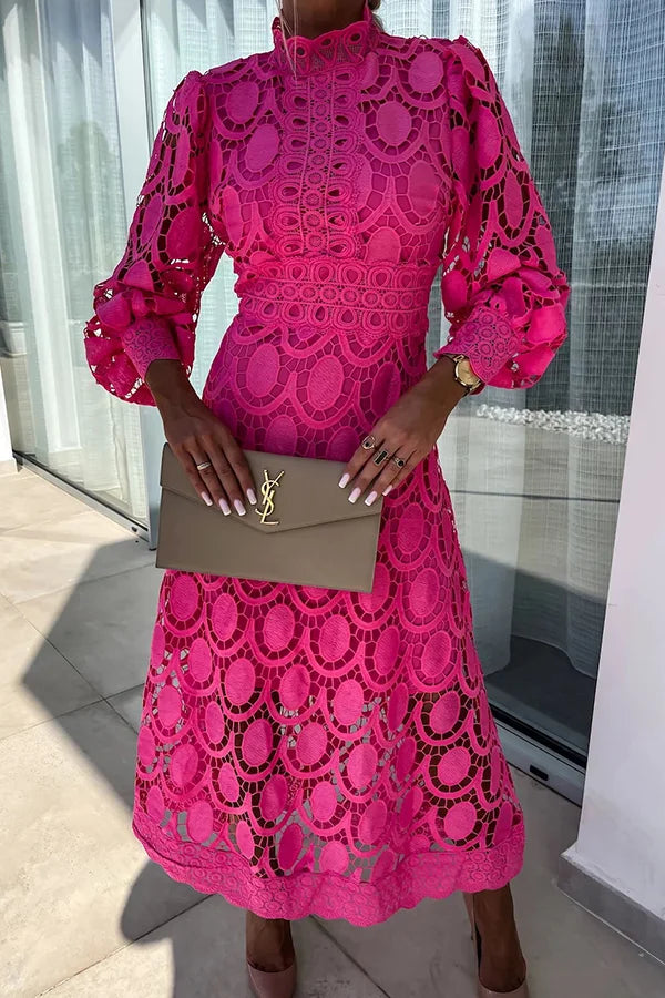 Irma Boutique Romantic, Sensual, and Midi Dress with Lantern Sleeves Made of Crochet Lace Designer Edit