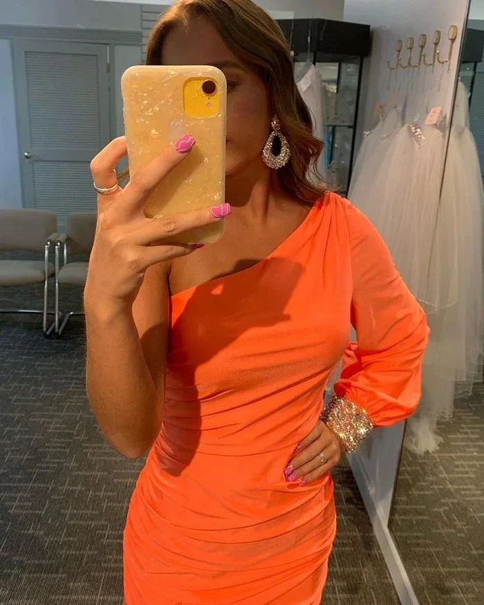 One Shoulder Orange Satin Tight Homecoming Dress with Beading Long Sleeves (ZD11797)
