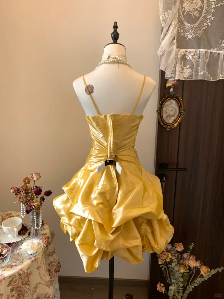 Vintage Yellow Spaghetti Straps Satin Pleated Short Prom Dress Formal Graduation Homecoming Dress - View 3 | VelvetHem