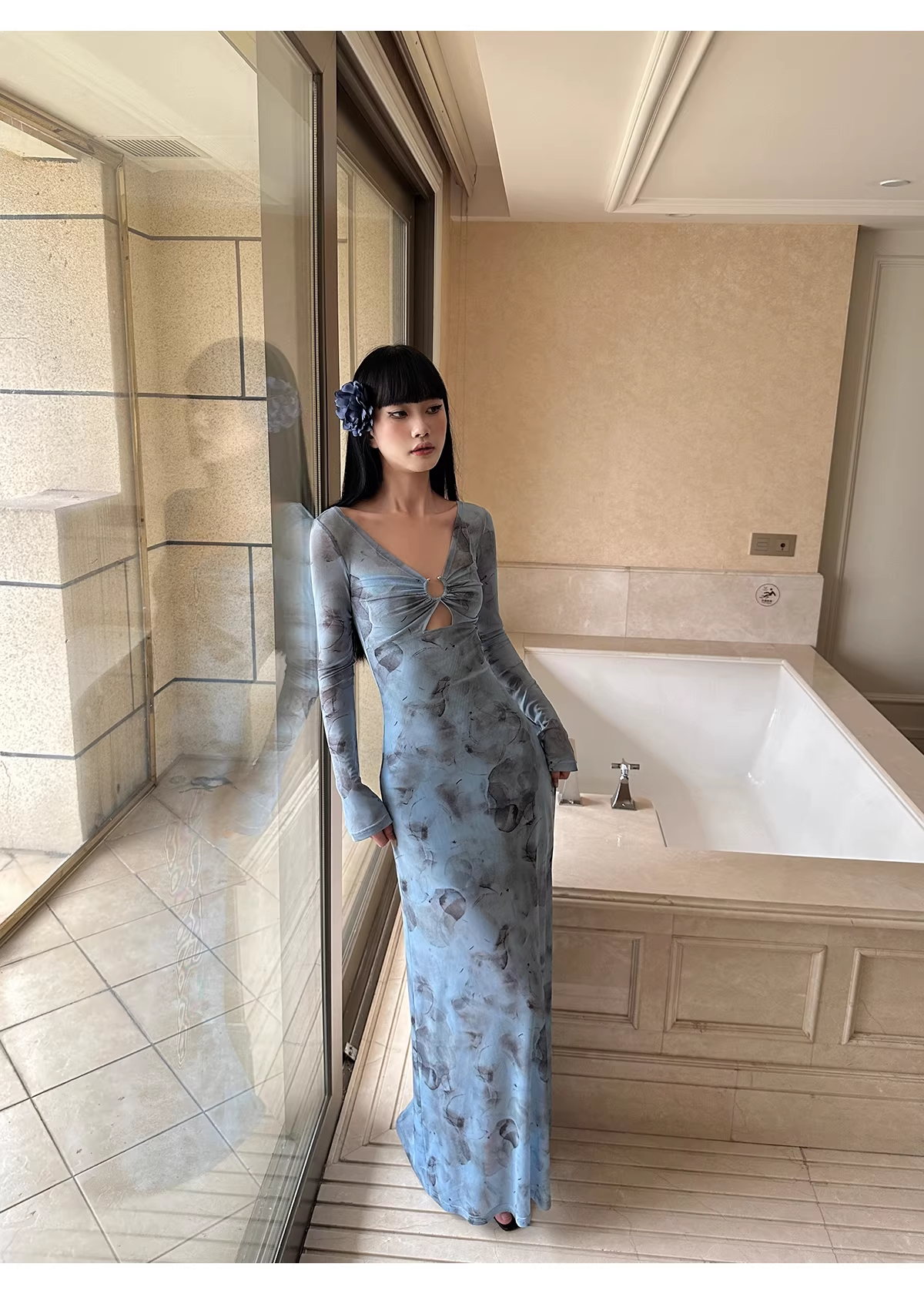 Charming V Neck Blue Lace Sheath Long Evening Dress Formal Wedding Guest Dress - View 3 | VelvetHem