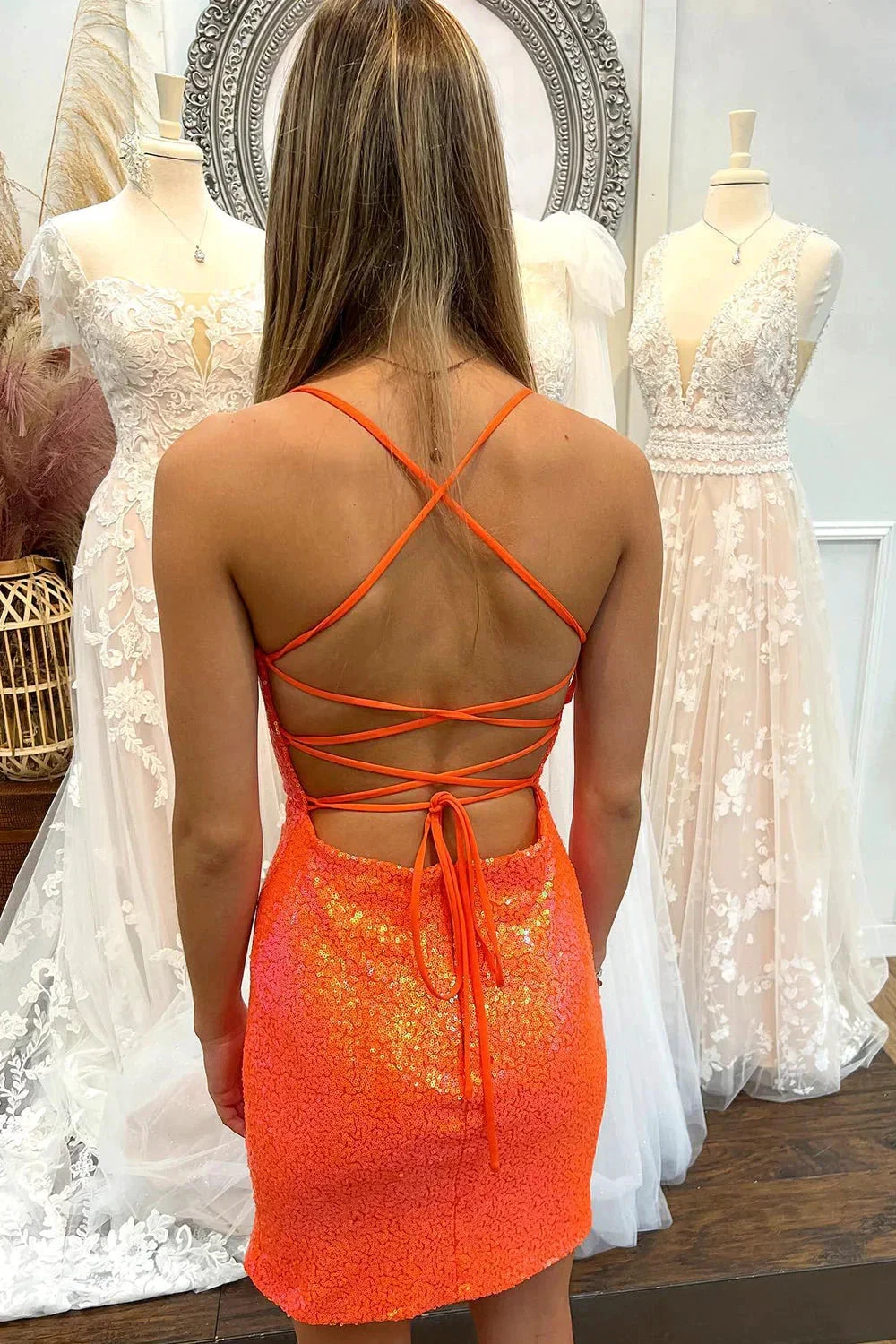 Lace-Up Sequin Short Homecoming Dress with Slit (ZD11811)