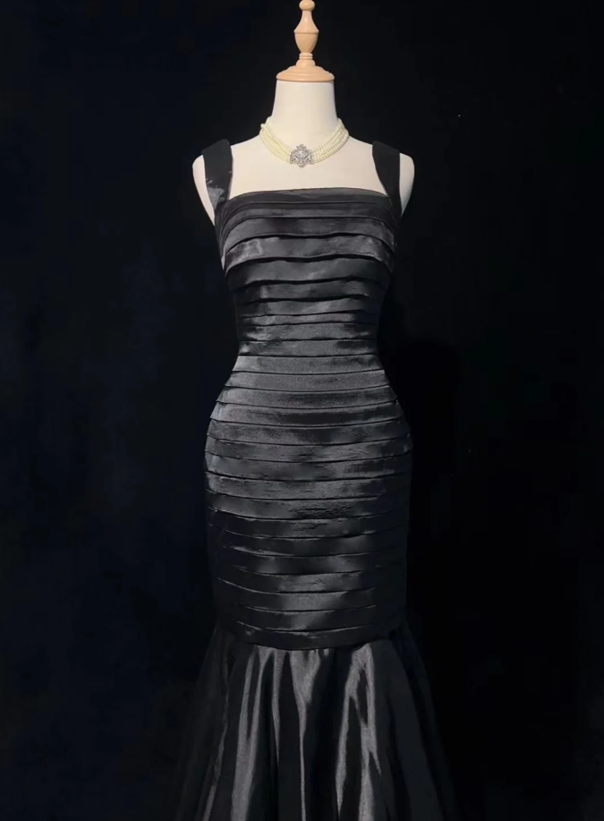 Fashion Black Satin Pleated Mermaid Long Evening Dress Wedding Guest Dress - View 2 | VelvetHem
