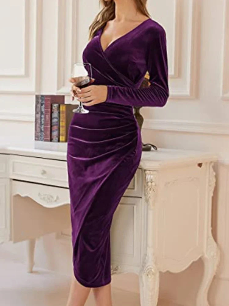 Velvet Split Ruched Vneck Midi Bodycon Dress