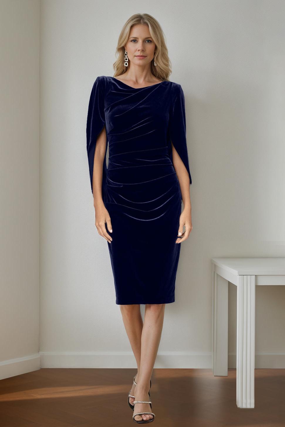 Velvet Mother of the Bride Dress with Ruffles: A Line Scoop Half Sleeves Knee Length