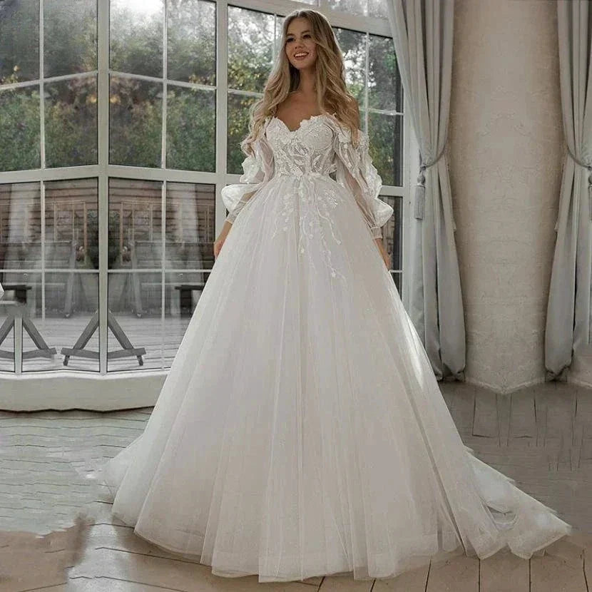 Vestido De Noiva Boho Lace Puffy Tulle Wedding Dresses Bridal Gowns Robe De Mariée Vestidos De Novia (ZD14075)