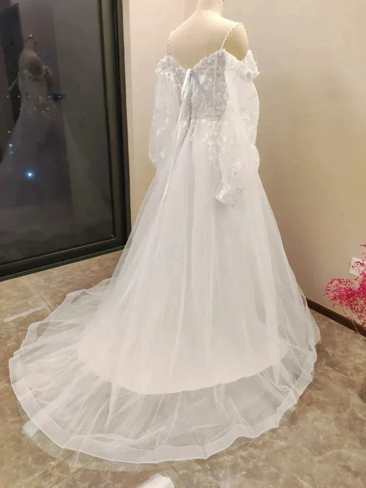 Vestido De Noiva Boho Lace Puffy Tulle Wedding Dresses Bridal Gowns Robe De Mariée Vestidos De Novia (ZD14075)