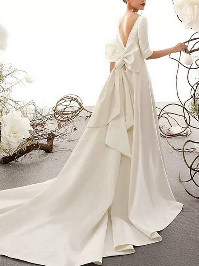 Vintage A-Line Wedding Dress Bateau Satin Half Sleeve Plus Size Bridal Gowns Illusion Detail  with Court Train