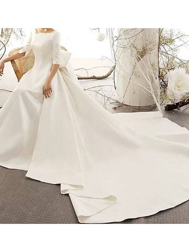 Vintage A-Line Wedding Dress Bateau Satin Half Sleeve Plus Size Bridal Gowns Illusion Detail  with Court Train