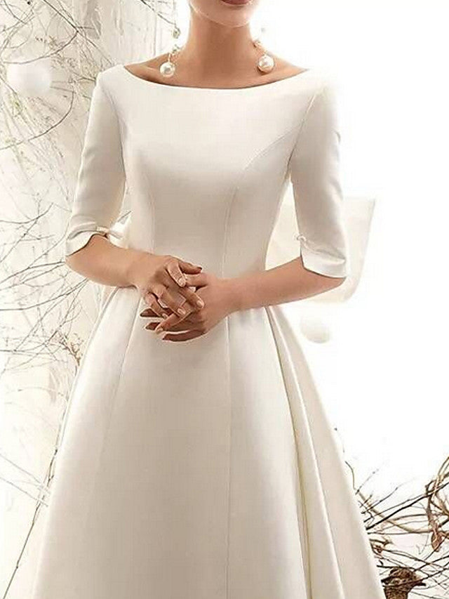 Vintage A-Line Wedding Dress Bateau Satin Half Sleeve Plus Size Bridal Gowns Illusion Detail  with Court Train