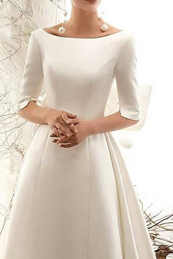 Vintage A-Line Wedding Dress Bateau Satin Half Sleeve Plus Size Bridal Gowns Illusion Detail  with Court Train
