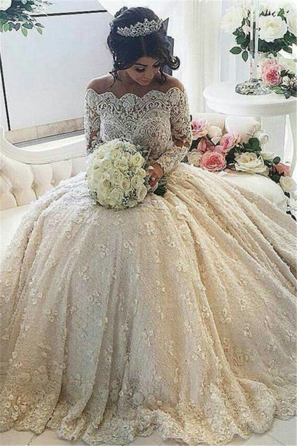 Vintage Ball Gown  Lace Wedding Gowns Beaded Appliques Long Sleeves Lace Bride Dresses BA3212
