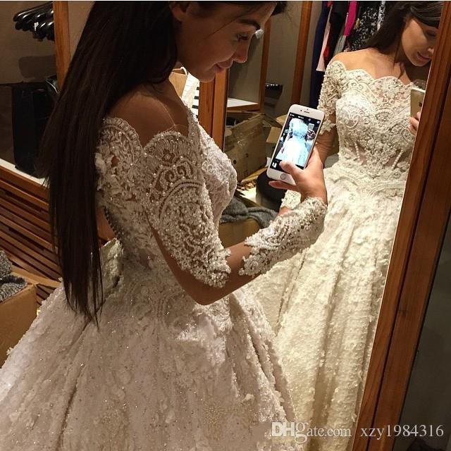 Vintage Ball Gown  Lace Wedding Gowns Beaded Appliques Long Sleeves Lace Bride Dresses BA3212