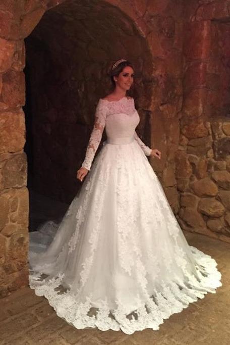 Vintage Bateau Long Sleeve Princess Dress Bowknot Lace Ball Gown Princess Dress BA6349