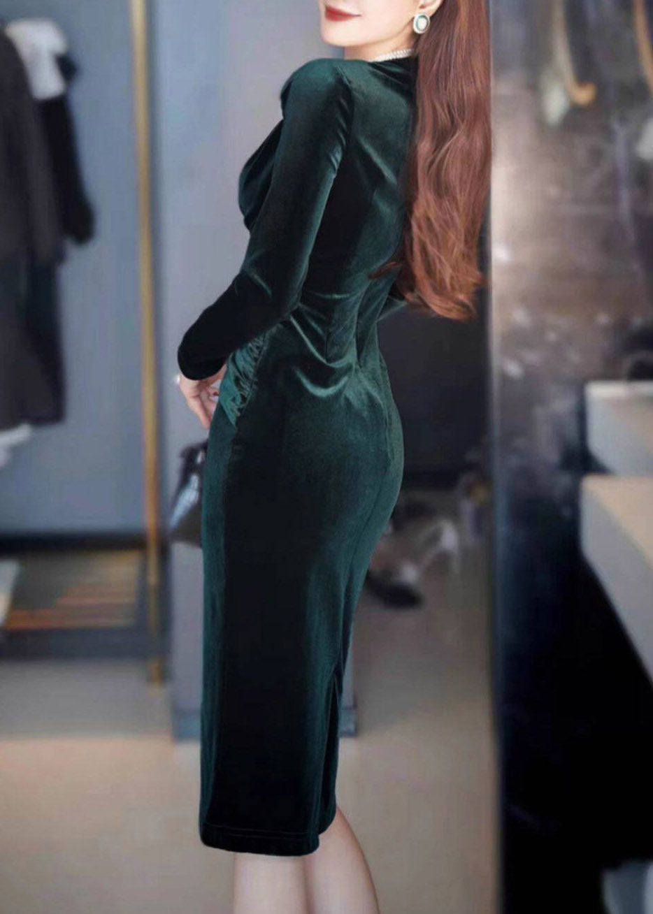 Vintage Blackish Green Cinched Patchwork Silk Velvet Long Dresses Fall