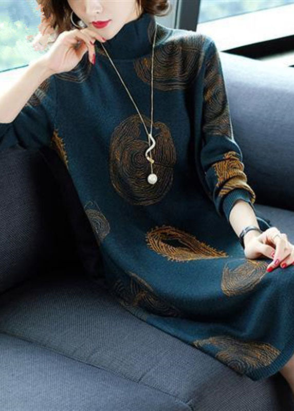 Vintage Blackish Green High Neck Oversized Print Knit Sweater Dress Winter