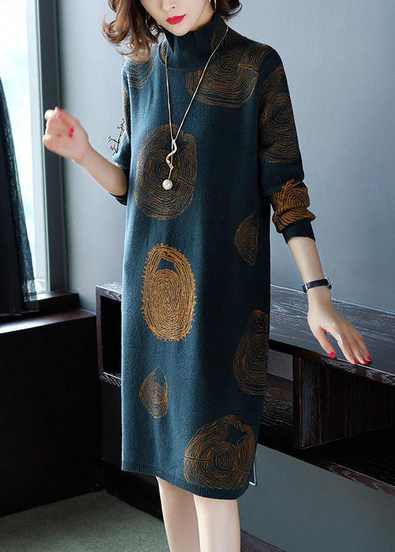 Vintage Blackish Green High Neck Oversized Print Knit Sweater Dress Winter