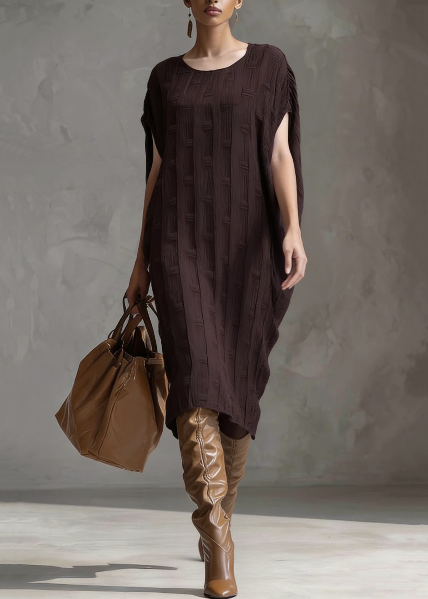 Vintage Coffee O Neck Oversized Silk Cotton Dress Batwing Sleeve