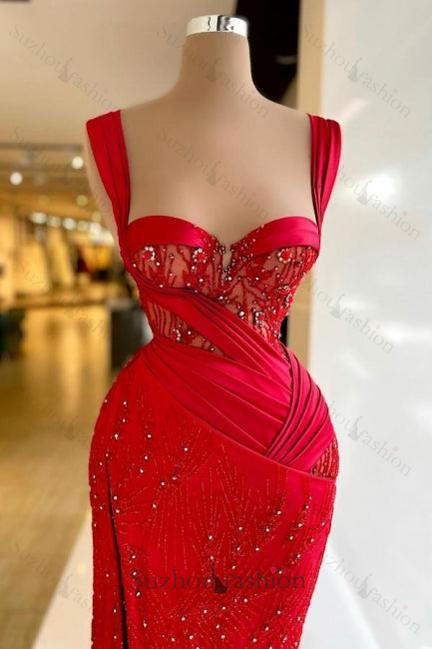 Vintage Column Prom Dress Satin Sweetheart Sleeveless Red Formal Dress With Split