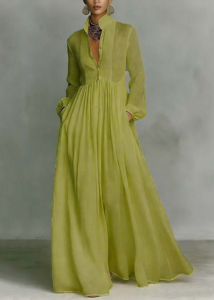 Vintage Grass Green Stand Collar Exra Large Hem Cotton Holiday Dress Summer
