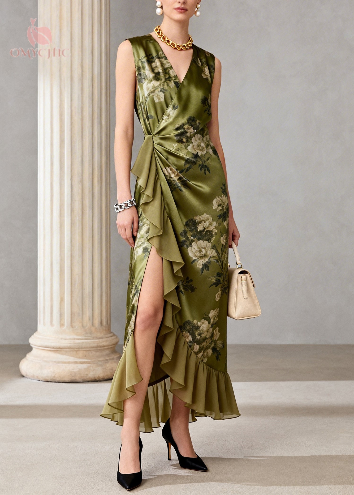 Vintage Green Ruffled Print Chiffon Long Dress Sleeveless