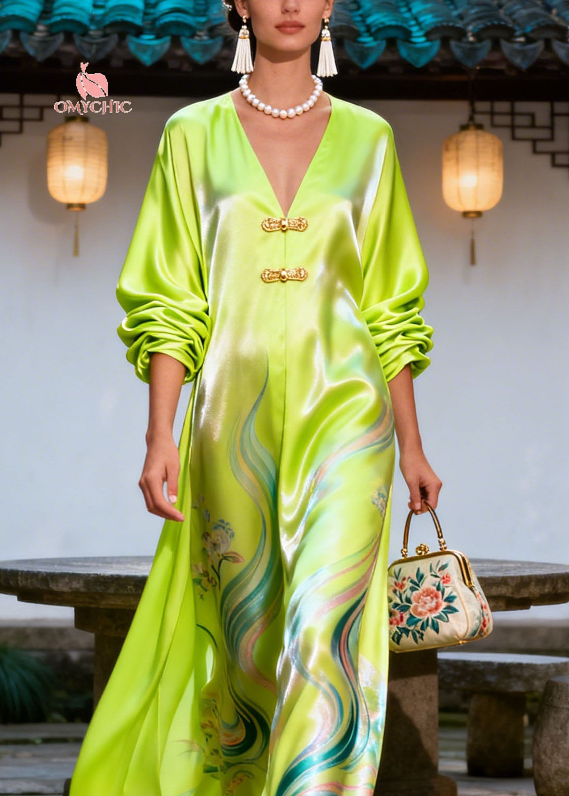 Vintage Green V Neck Print Chinese Button Silk Dress Summer