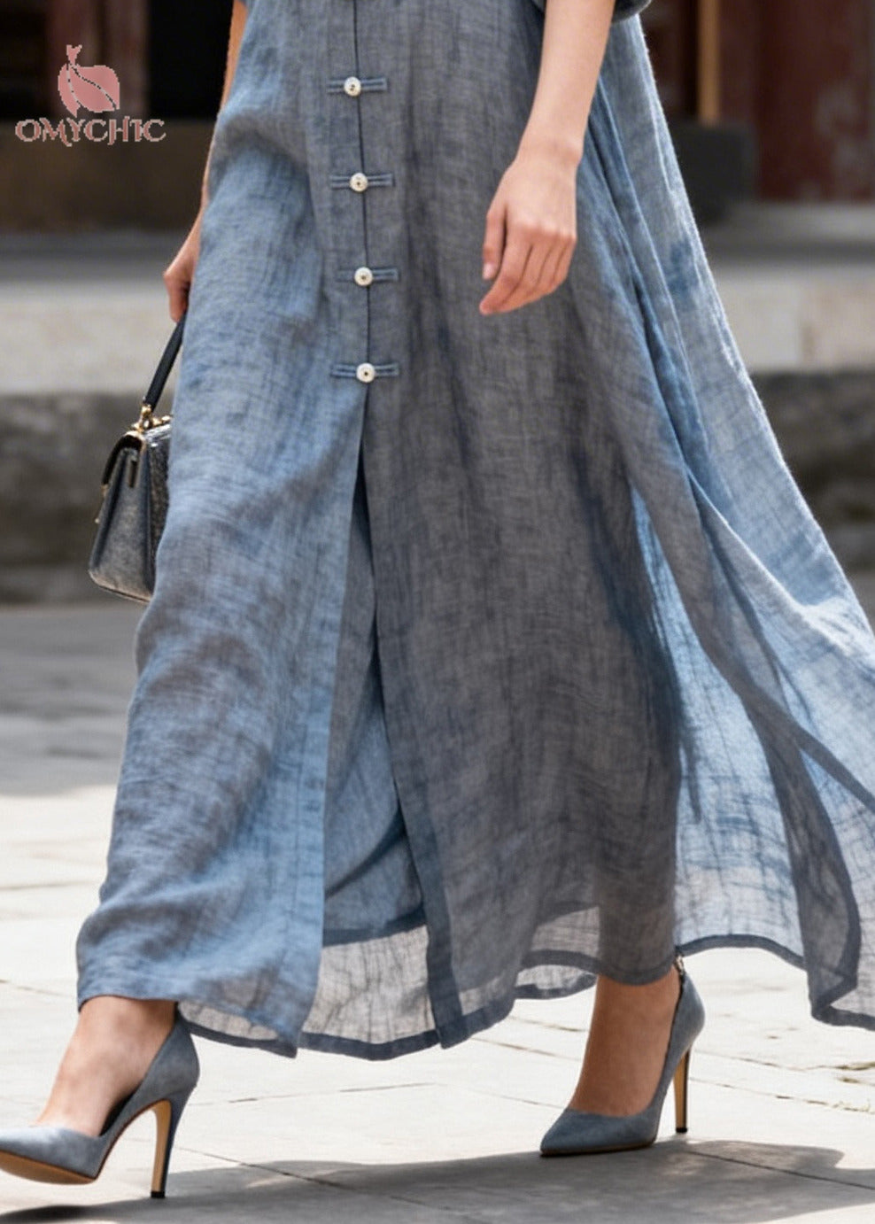Vintage Grey Oversized Chinese Button Cotton Shirt Dresses Summer