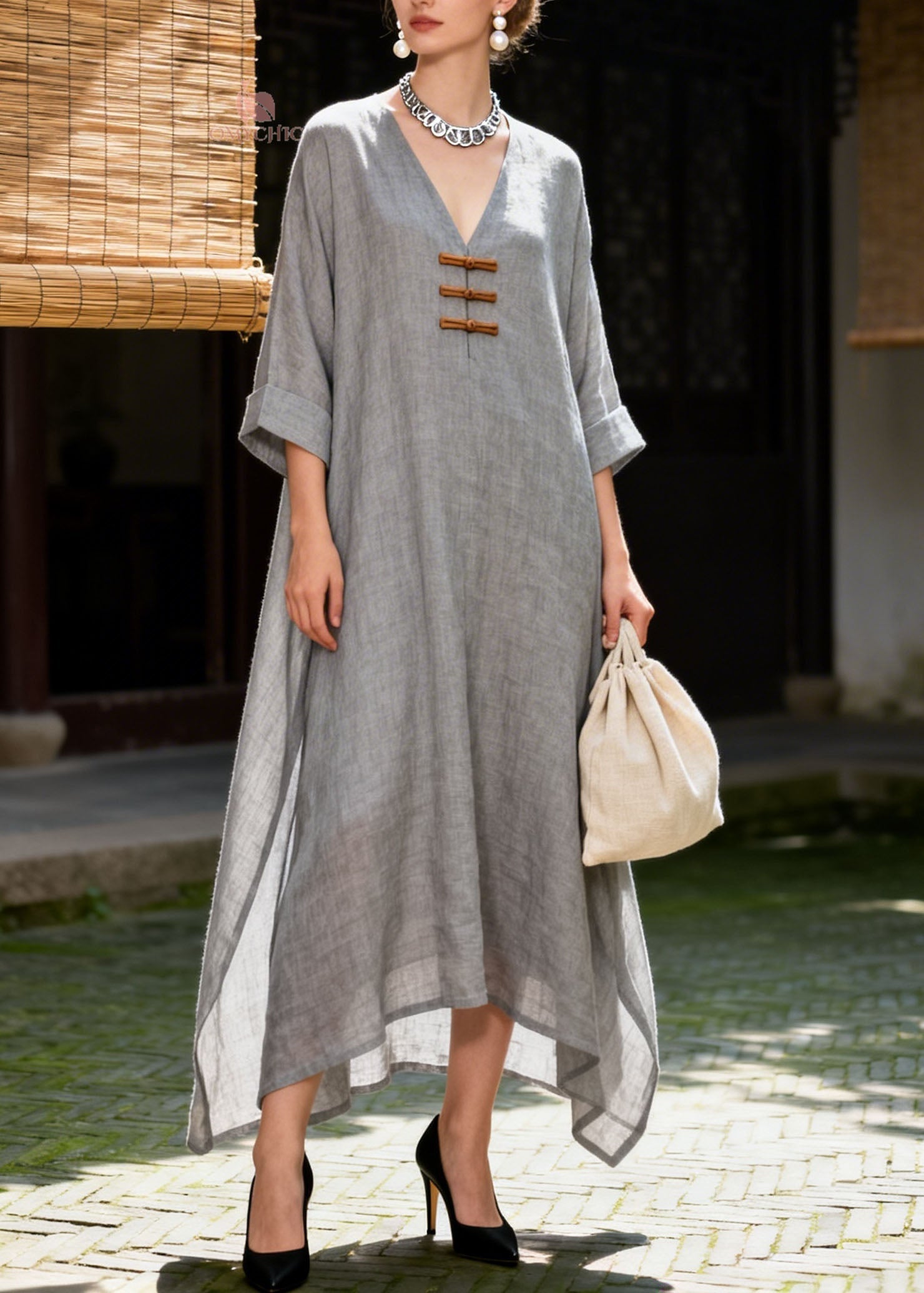 Vintage Grey V Neck Patchwork Cotton Long Dress Summer
