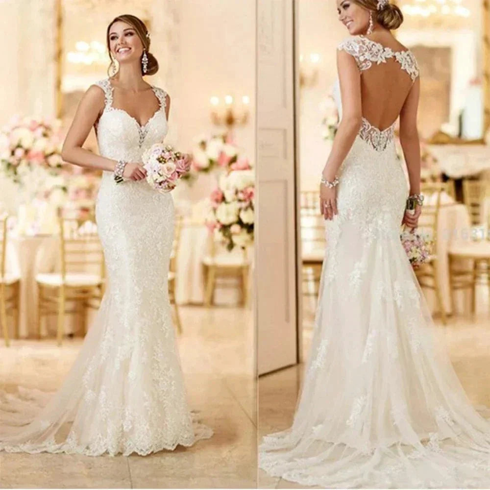 Vintage Lace Garden Wedding Dresses Sweetheart Open Back Wide Straps Mermaid Bride Wedding Gowns Long Train vestidos de novia (ZD13399)