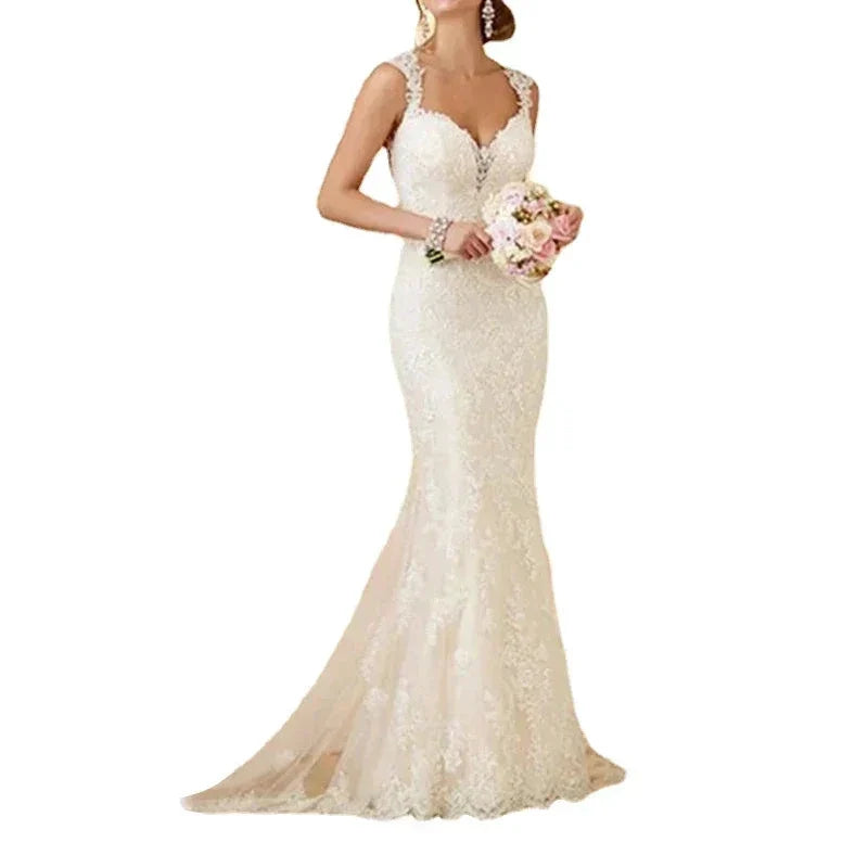 Vintage Lace Garden Wedding Dresses Sweetheart Open Back Wide Straps Mermaid Bride Wedding Gowns Long Train vestidos de novia (ZD13399)