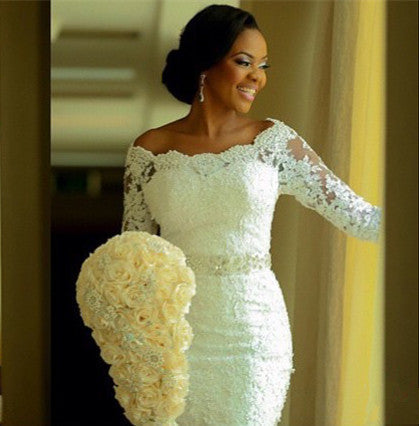 Vintage Long Sleeve Mermaid Lace Wedding Dress Crystal Latest Long Plus Size Bridal Gowns BA0645